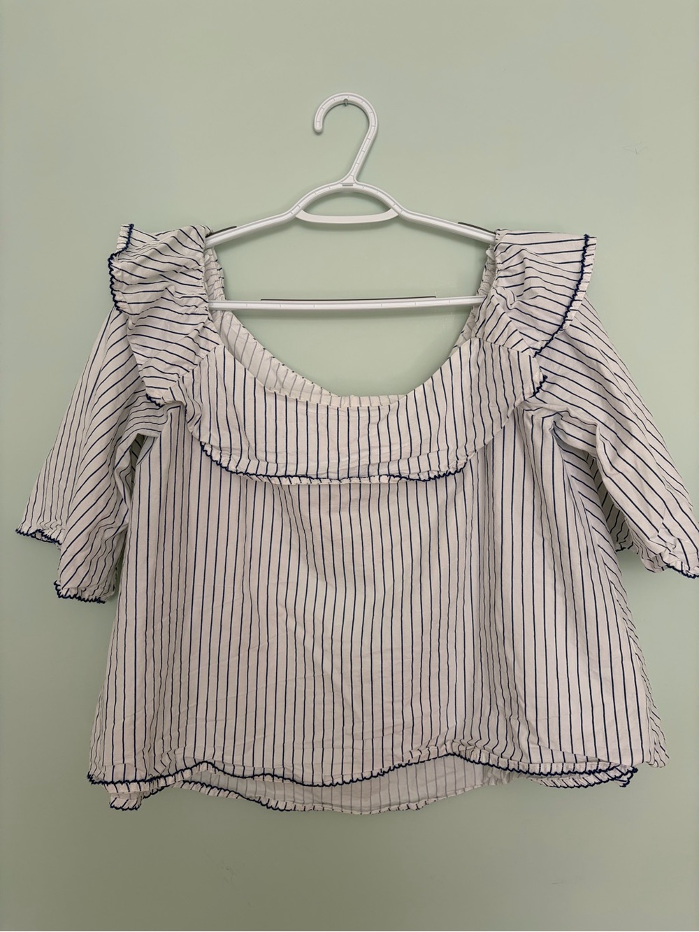 Striped Ruffle Off-Shoulder Blouse - White with Navy Stripes